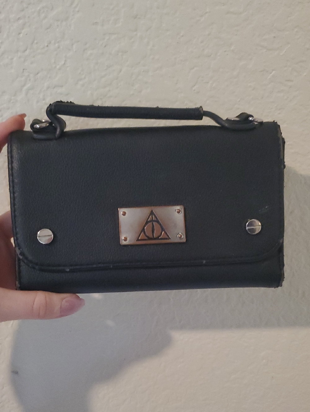 DAMAGED Harry Potter Deathly Hallows Black Faux Leather Top-Handle Wallet Purse